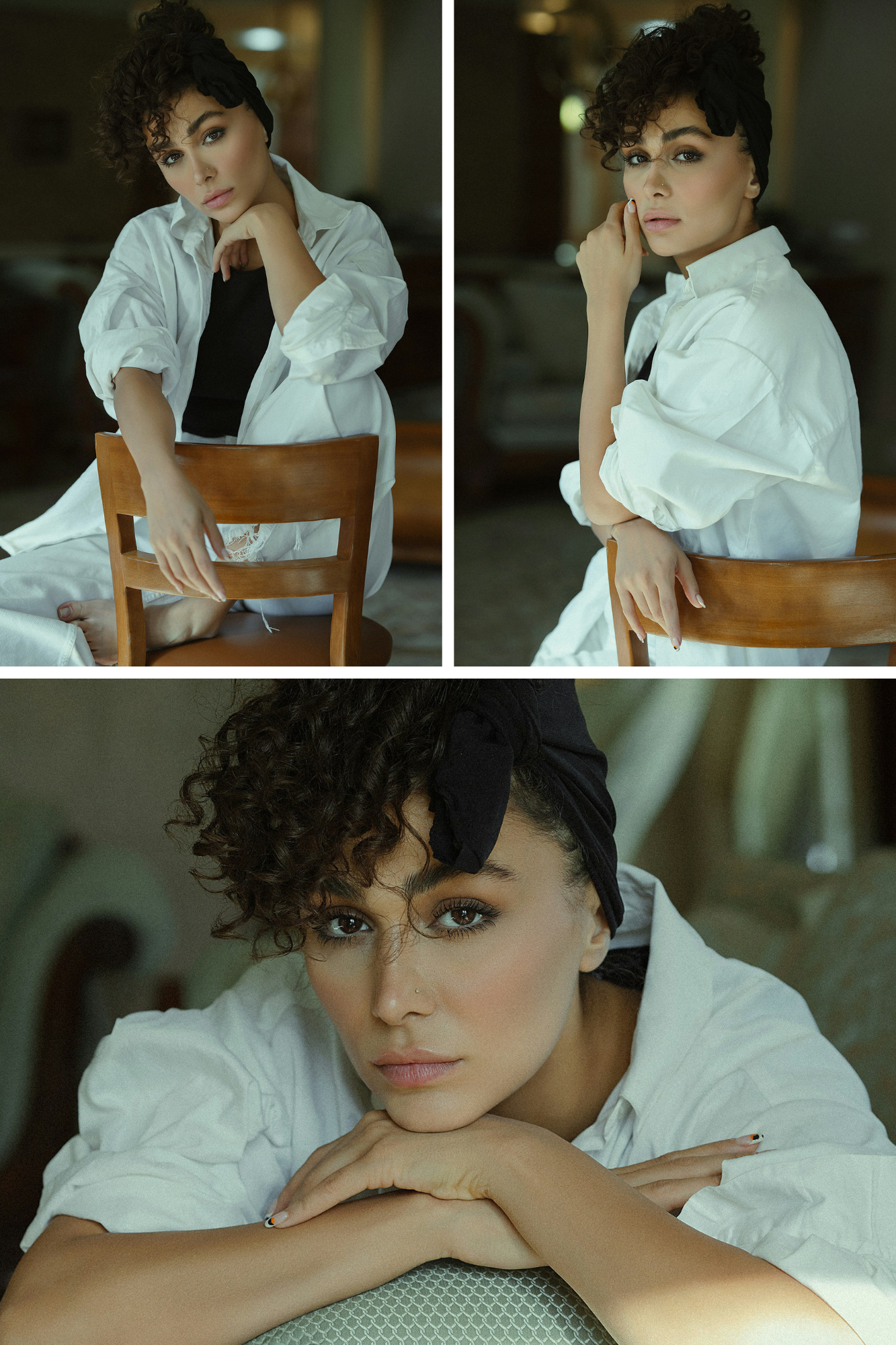 Three portrait references of the same model from different angles