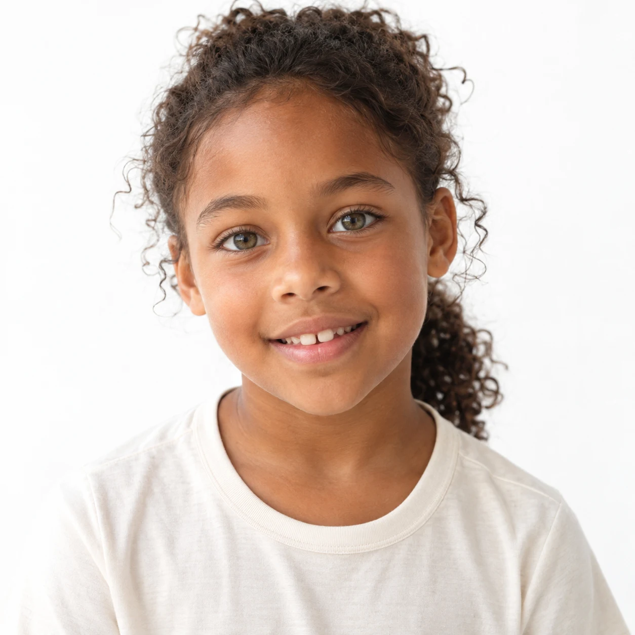 Synthetic child casting portrait on a white studio background