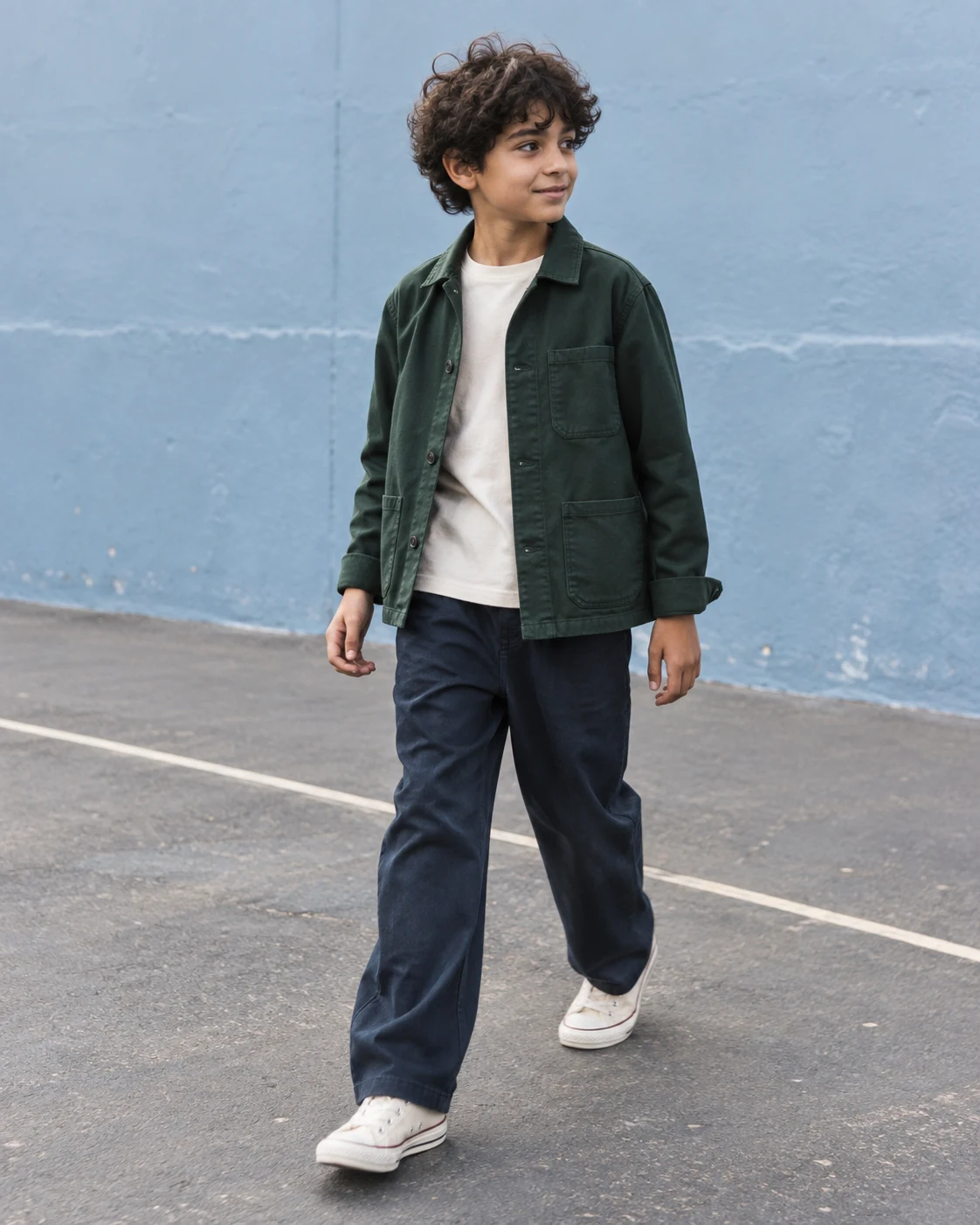 Child model walking naturally through a painted schoolyard