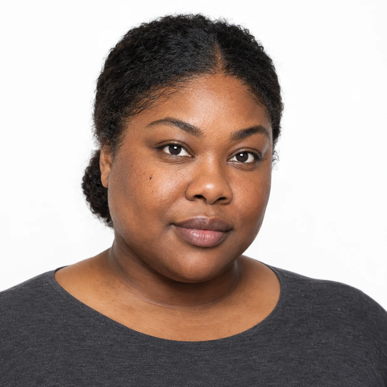 Synthetic adult plus-size fashion casting portrait on white