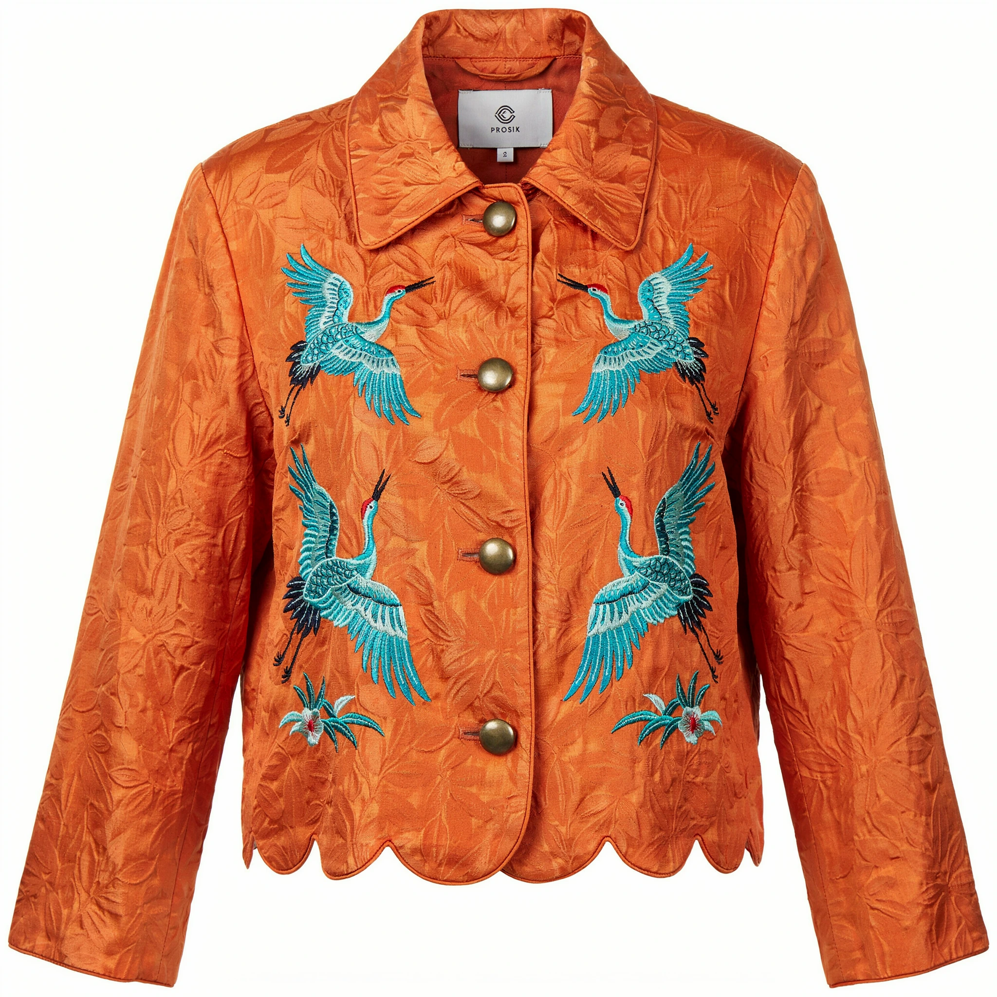 Orange leaf-pattern jacket with four teal cranes, two floral motifs, four brass buttons and scalloped hem