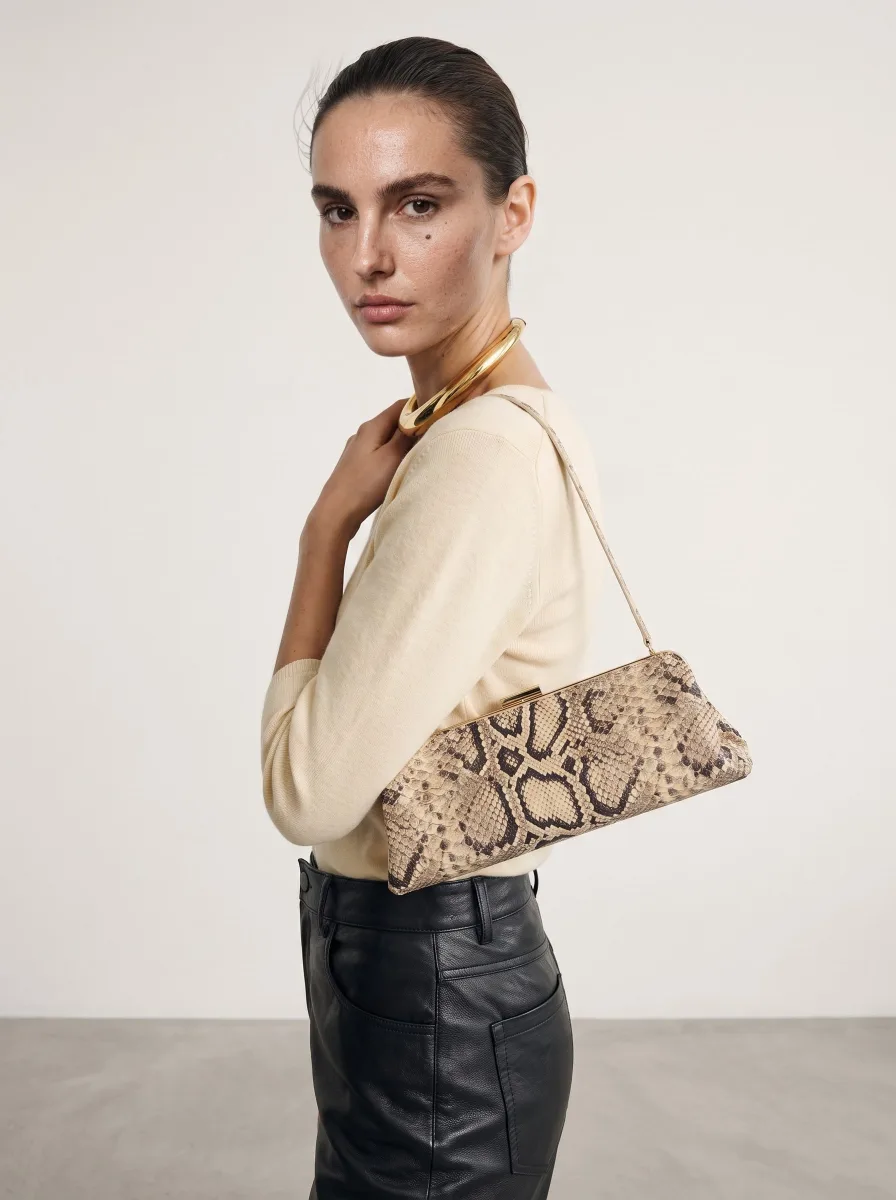Generated on-model catalog photograph of the Lara Frame Bag