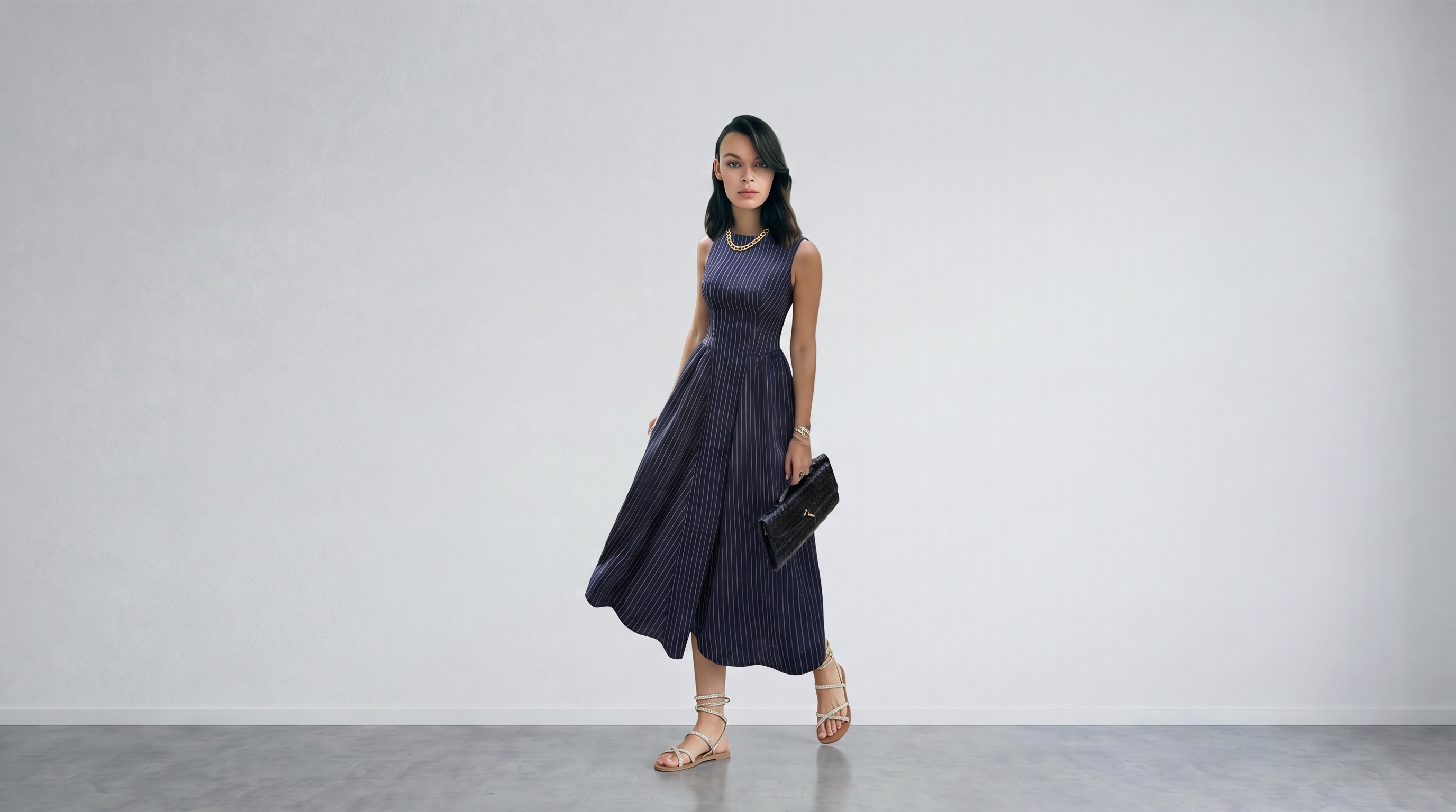 Starting image of a model in a navy pinstriped dress and sandals in a grey studio